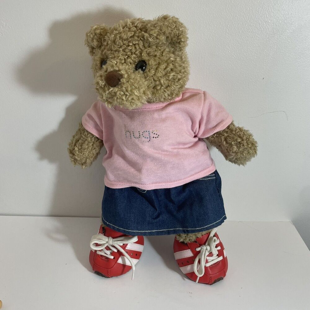 Build A Bear W Denim Skirt, Shirt, And Red Sneakers